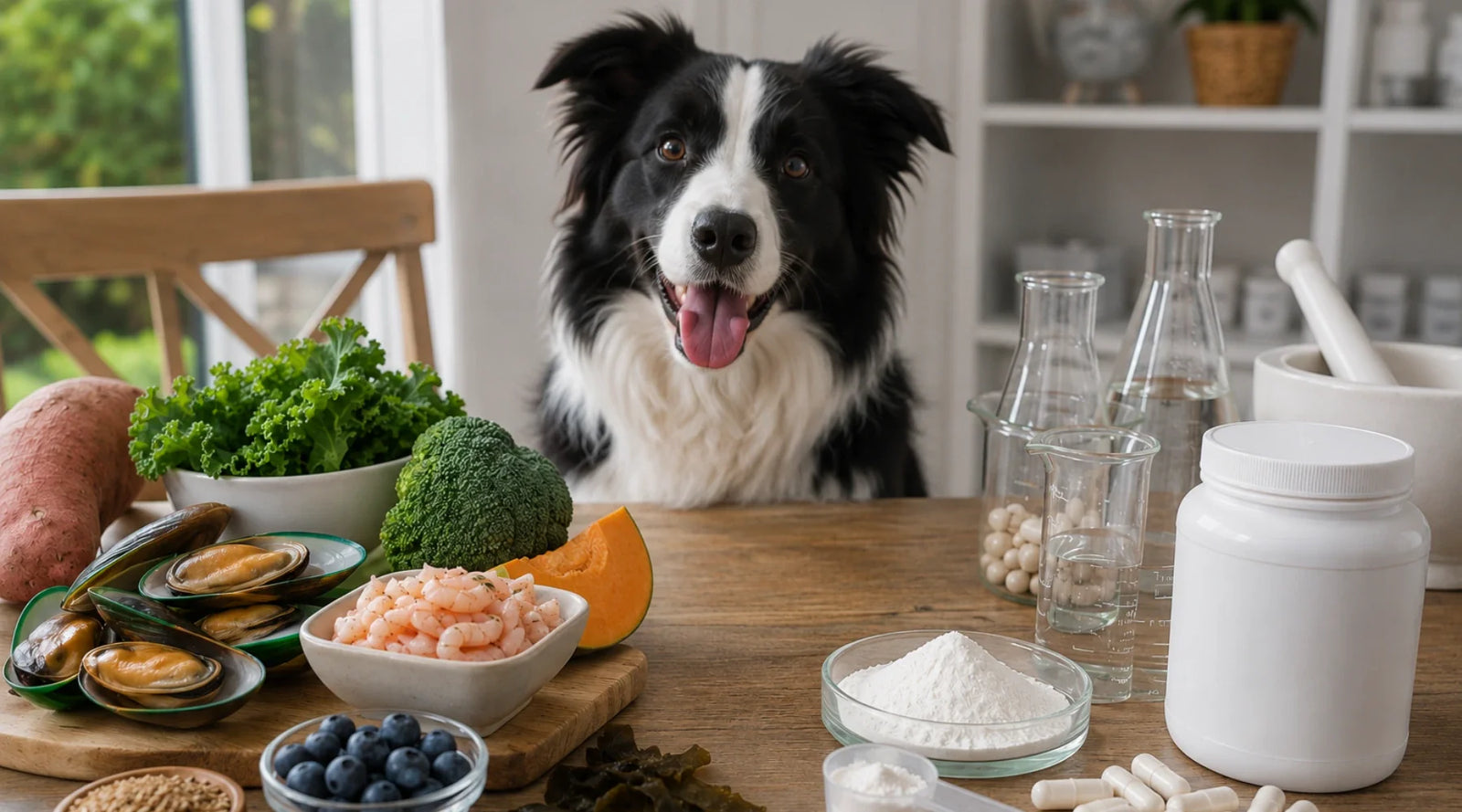 Border Collie sitting behind a table comparing natural pet supplement ingredients, including green-lipped mussels, vegetables and blueberries, with synthetic supplement powders, capsules and laboratory glassware in a bright home kitchen.