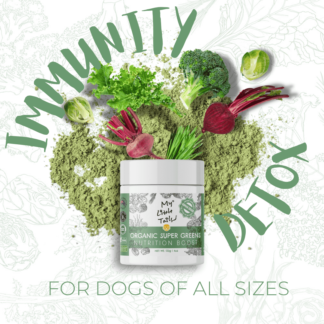 Supplement jar by My Little Tails with green powder and vegetables on a white background, featuring text about immunity, detox, and suitability for dogs.