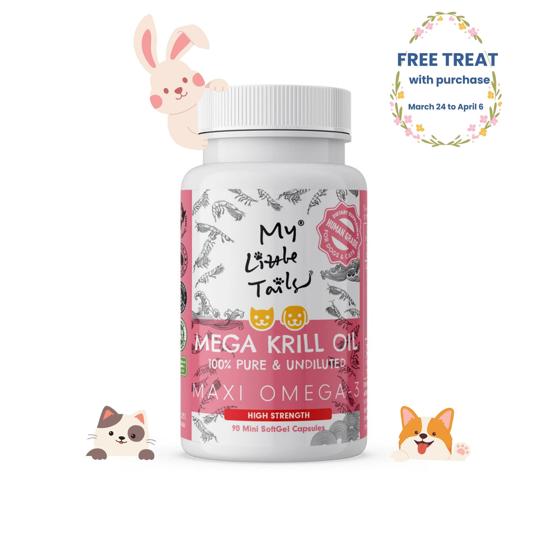 Bottle of 'My Little Tails' Mega Krill Oil with cartoon animals on a white background