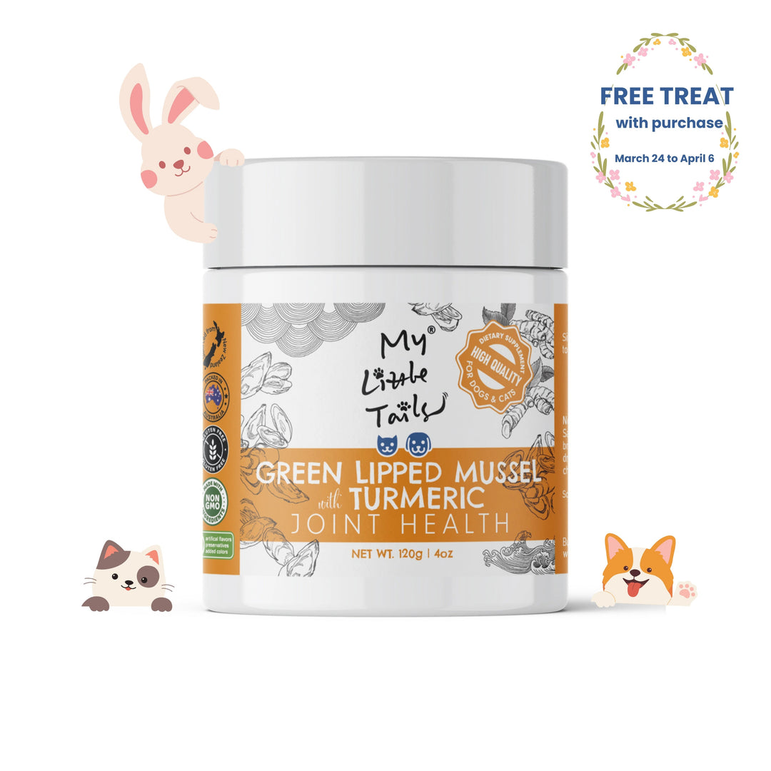 Pet supplement container labeled 'My Little Tails' with cartoon animals on a white background